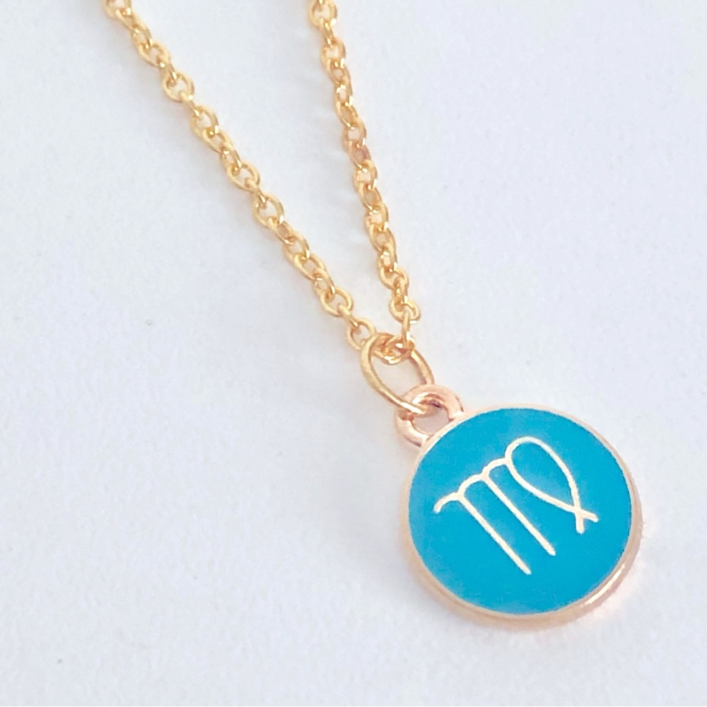 New Zodiac Sign Astrological Symbol Reversible Enamel Charm Chain Necklace Teal